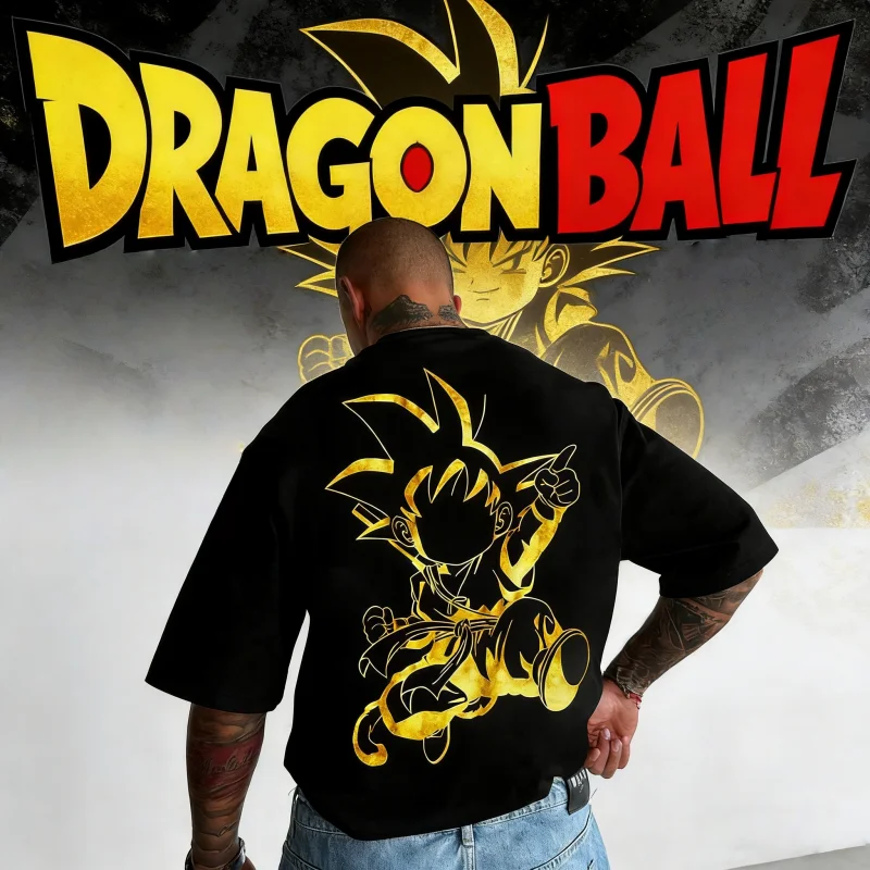 

2026 Summer Dragon Ball Kid Goku Gold Print Pure Cotton Retro T-Shirt, Casual Harajuku Oversized Unisex Kids Sports Streetwear