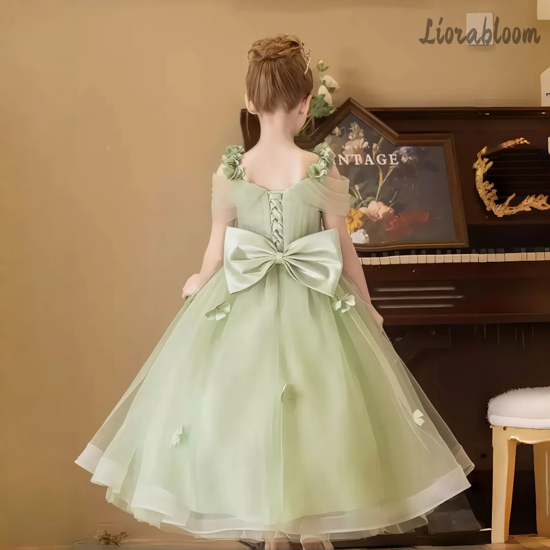 Abito da bambina verde con spalline, decorazioni floreali in rete, abito da damigella voluminoso a strati, vestito da festa con gonna ampia, abito da cerimonia nuziale