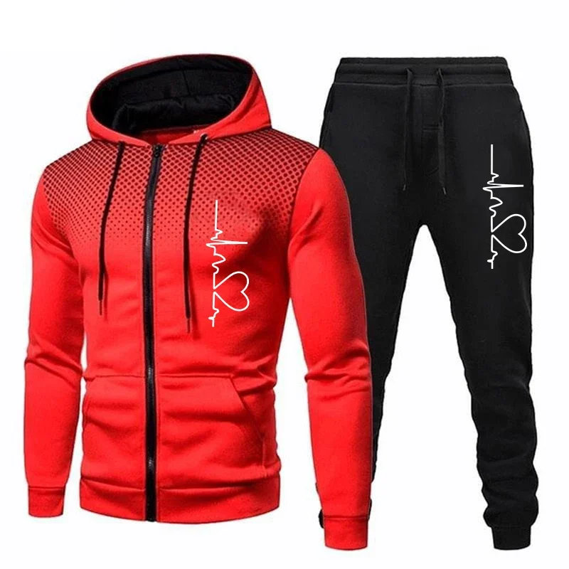 Tute da uomo moda Casual cuore stampa cerniera felpa con cappuccio + pantaloni della tuta Set da 2 pezzi cappotto rotondo a pois tuta da Jogging