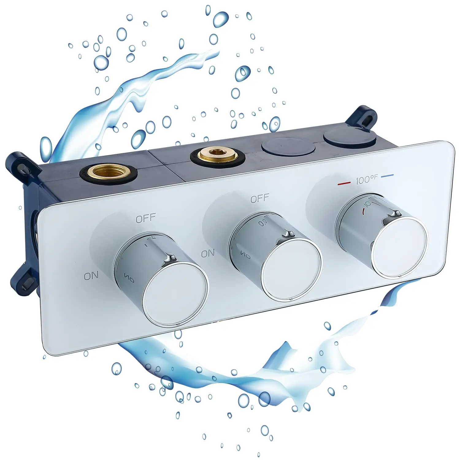 

2 Way Shower Diverter Thermostatic Valve, 3 Handle Multi Function Shower Valve Brass Construction With Tempered Glass Panel