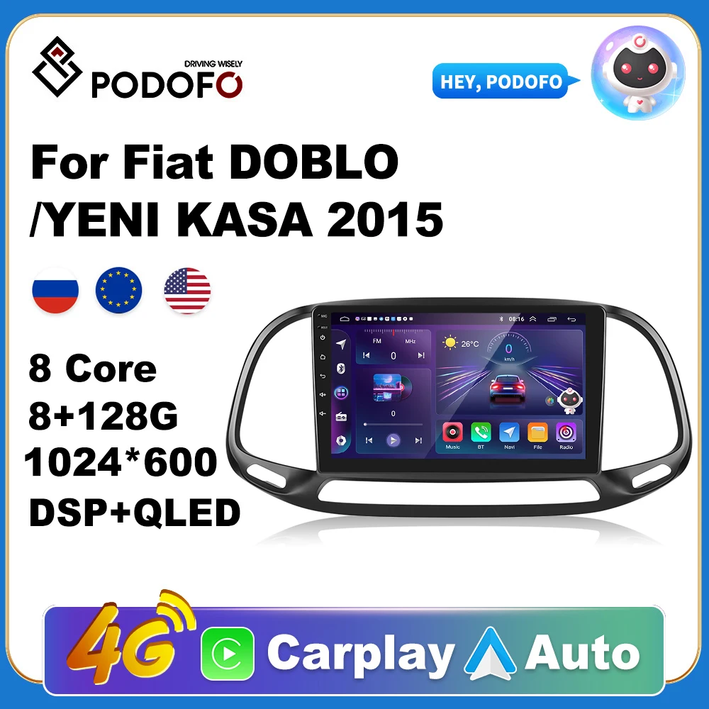 

Podofo Wireless CarPlay Andorid Auto Car Radio For Fiat DOBLO/YENI KASA 2015 AI Voice Multimedia GPS 2din autoradio