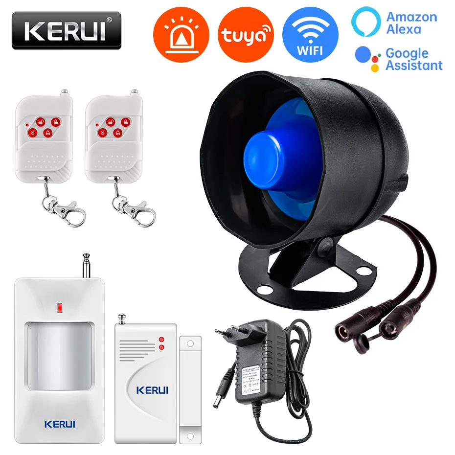 kerui wi fi alto falante chifre casa sirene kit de alarme 120db sistema seguranca contra roubo com detector movimento infravermelho sensor porta sirene kit 01