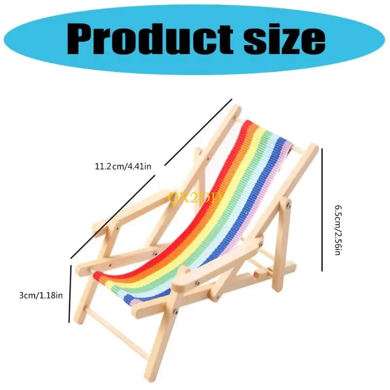 Qx2d Miniaturholz Holz Beach Stuhl mit Regenbogenfarbe Design Safer freundlicher Lounge Stuhl Figur für 1/12 Puppenhausmöbel