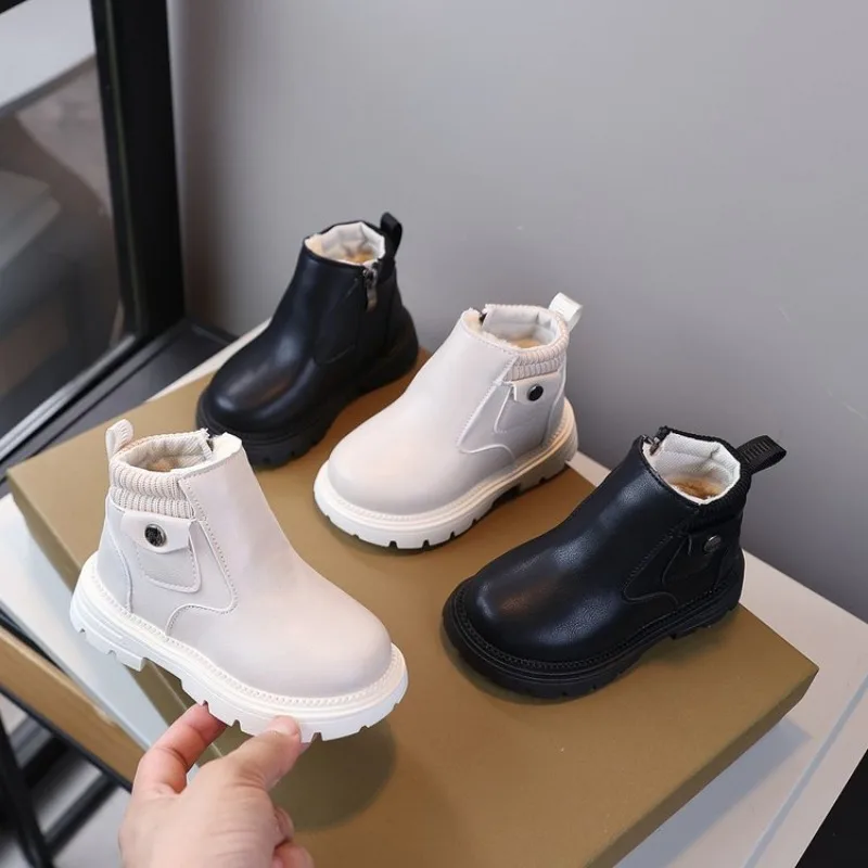 2026 Kids Leather Chelsea Boots Waterproof Children Sneakers Beige Black Toddler Snow Boots Girl Winter Shoe Boy