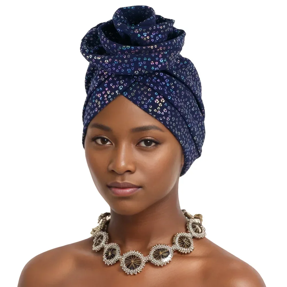 Indian Large Flower Twist Knot Glitter Turban Women Muslim Hijab Chemo Cap Bonnet Hair Loss Hat Beanies Headwrap African Headtie