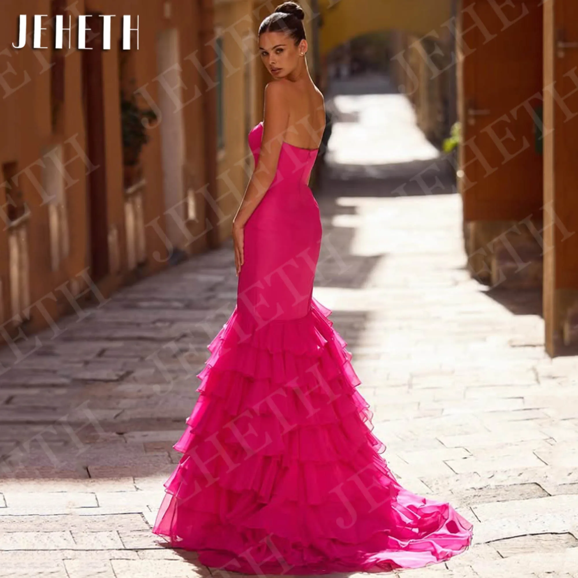 JEHETH Mermaid Layered Prom Dress Fuchsia Elegant Strapless Satin High Slit Tiered Formal Party Dresses Customized فساتين سهرة