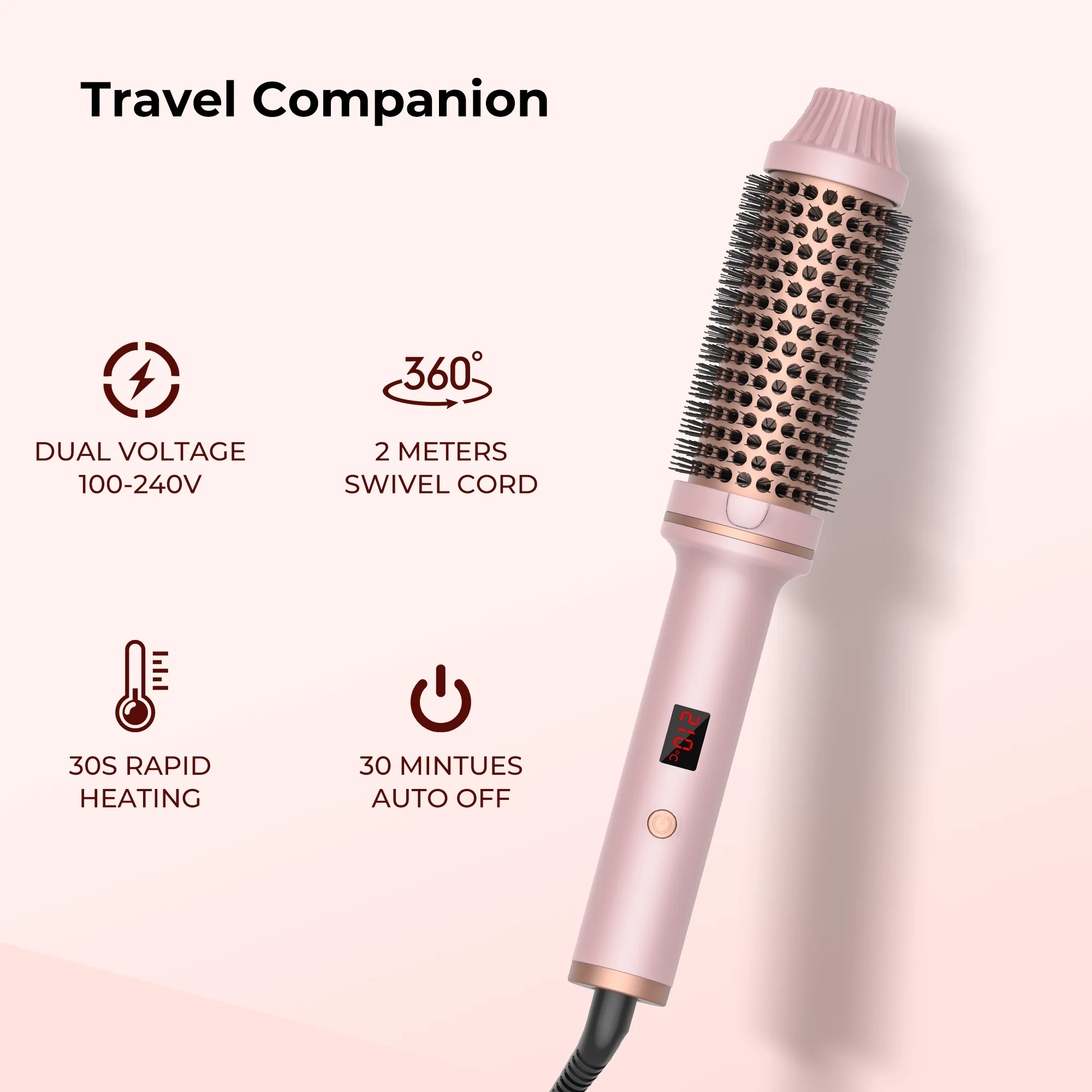 Thermal Brush 1.5 in Heated Curling Brush Ceramic Curling Comb Volumizing Brush Curling Iron Travel Curling Iron with Brush