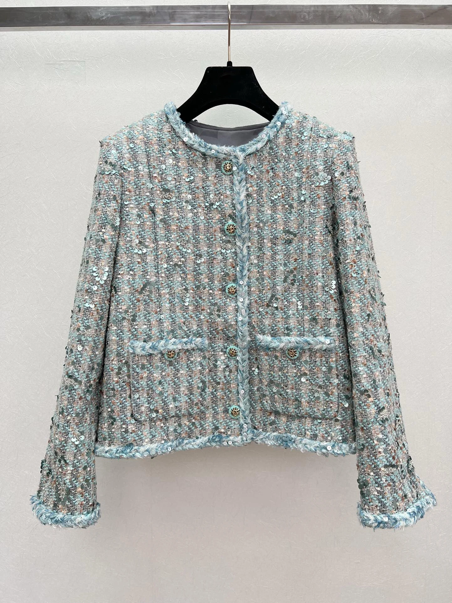 Vacandis-abrigo de Tweed con cuello redondo para mujer, chaqueta de lentejuelas de un solo pecho, alta calidad, elegante, Vintage, oficina, prendas de vestir, Tops, otoño