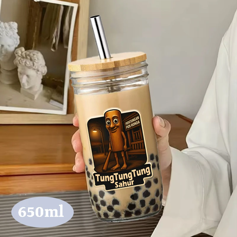 

Tung Tung Tung Sahur Glass Cup with Lid and Straw Transparent Bubble TeaCup Juice Glass Beer Can Milk Mocha Cups Breakfast Mug