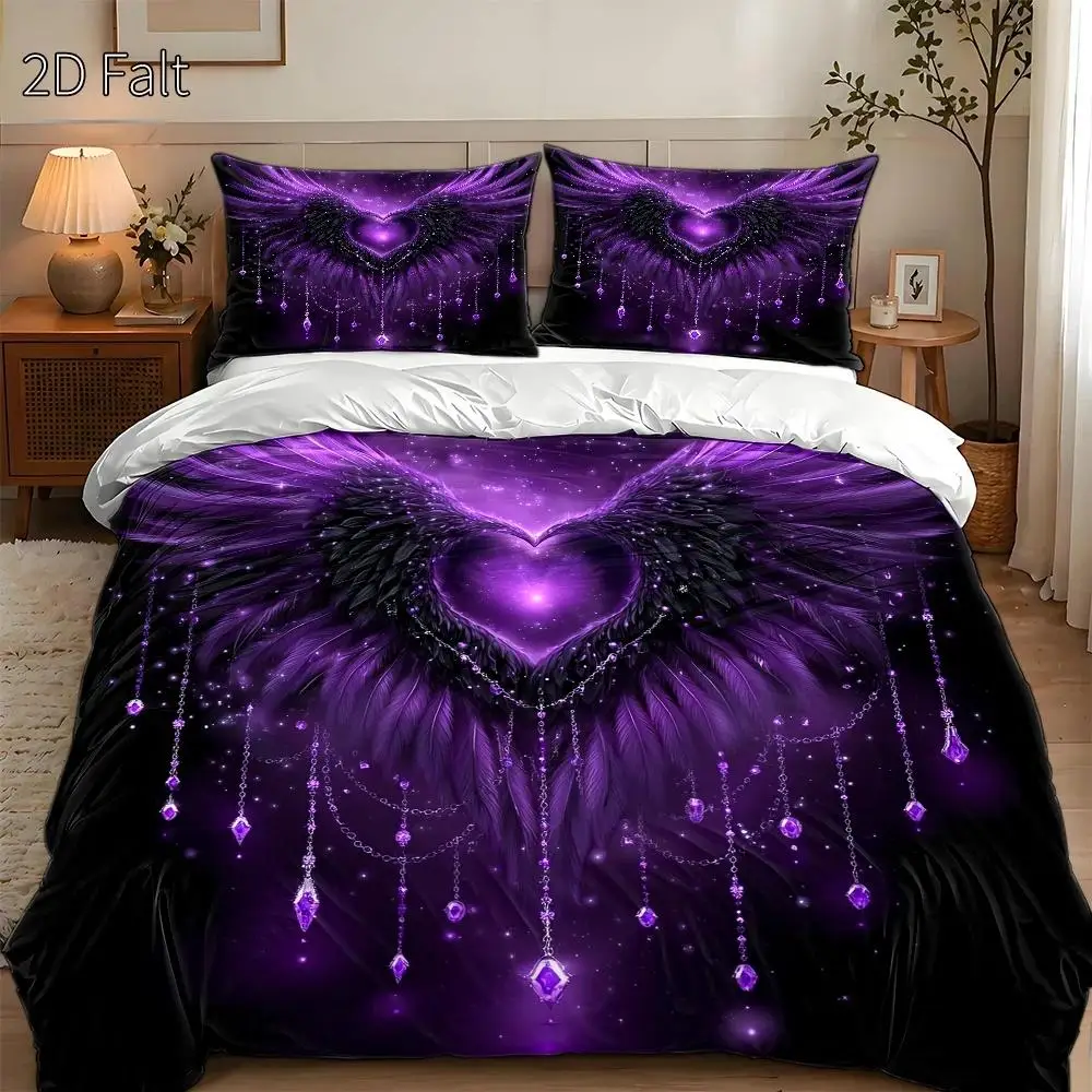 3-Piece Quilt Cover Set, 1 Quilt Cover + 2 Pillowcases (Without Filling), Purple Winged Heart Pattern, Romantic Style, Valentine's Day, Suitable for All Seasons, Machine Washable, Invisible Zipper, Suitable for Master Bedroom, Home, Guest Room, Three-Piece Bedding Set