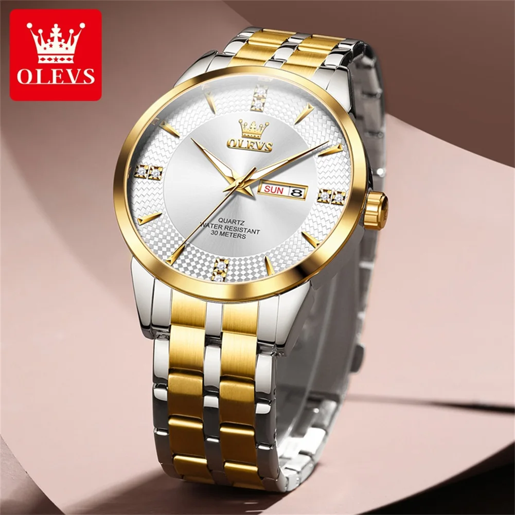 OLEVS 9917 Dual Calendar Quartz Watch For Men Diamond Luxury Dress Hand Clock Stainless Steel Waterproof Business Man Watches