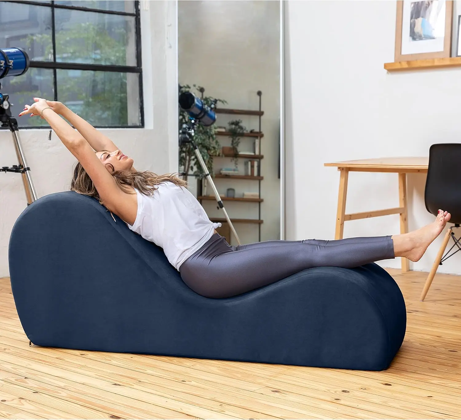 Sleek Chaise Lounge for Yoga, Stretching, Relaxation-Made in The USA, 60D x 18W x 26H Inch, Ink Blue