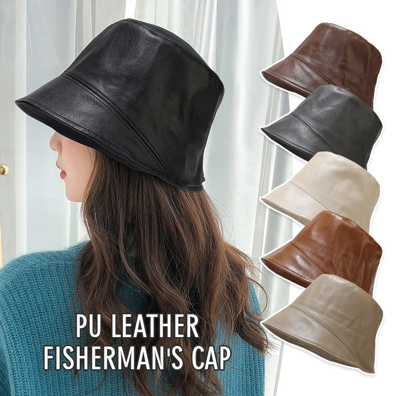 

Japanese Style PU Leather Bucket Hat Fashion All-match Lady Travel Sun Protection Panama Hat Unisex Fisherman Hat