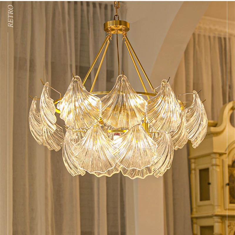 

Modern Shell Shape Crystal Chandelier French Golden Luxury Hanging Light Enter Hall Main Light Living Room Bedroom Pendant Lamp