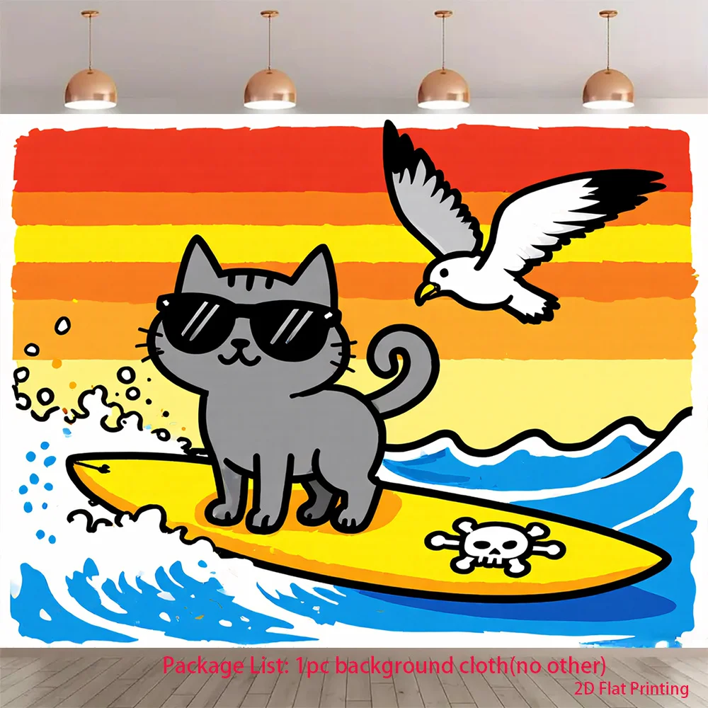 Cool Cat Surfing Tapestry, Retro Sunset Ocean Wall Hanging, Funny Animal Beach Decor for Bedroom Dorm Living Room
