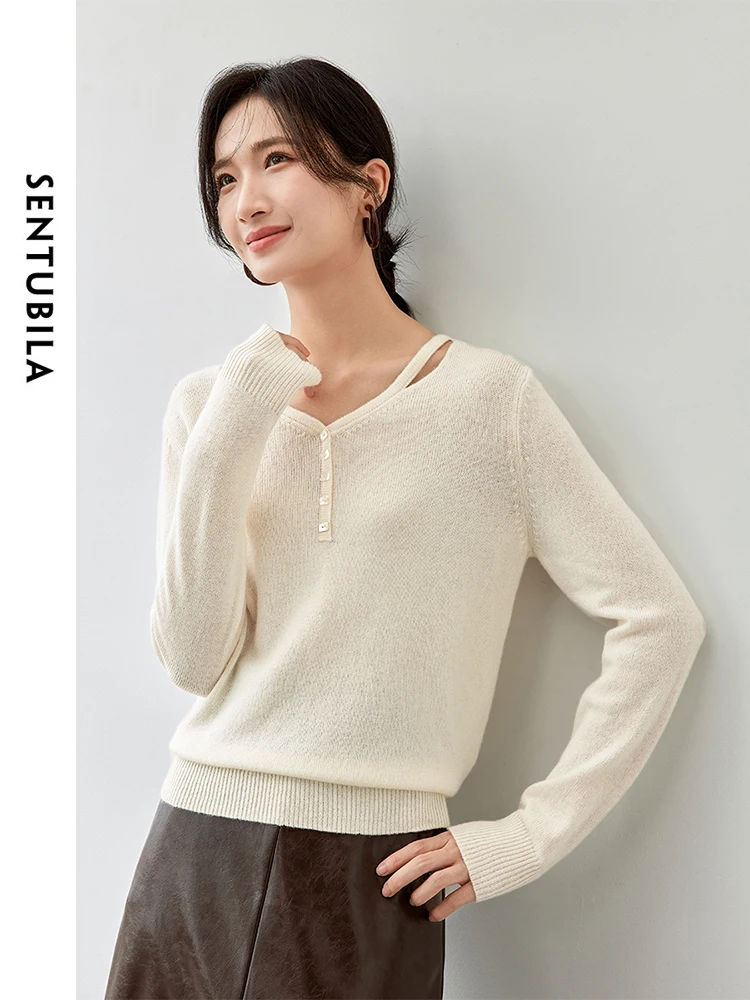 SENTUBILA White Wool Knit Pullovers for Women 2024 Autumn Casual Loose Hollow Out V Neck Comfort Simple Women Sweater W43H56129