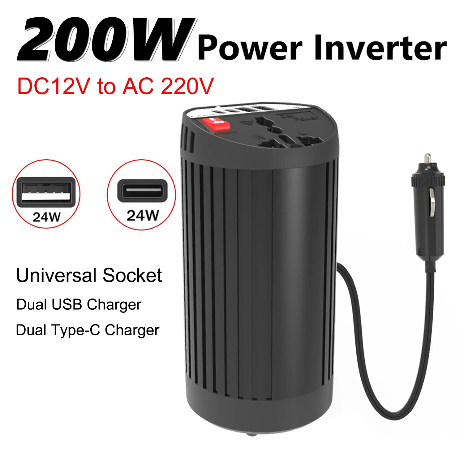 

200W Car Inverter Power Adapter DC 12V to AC 220V Converter USB/Type-C Fast Charging Voltage Detector Adapters Universal Socket