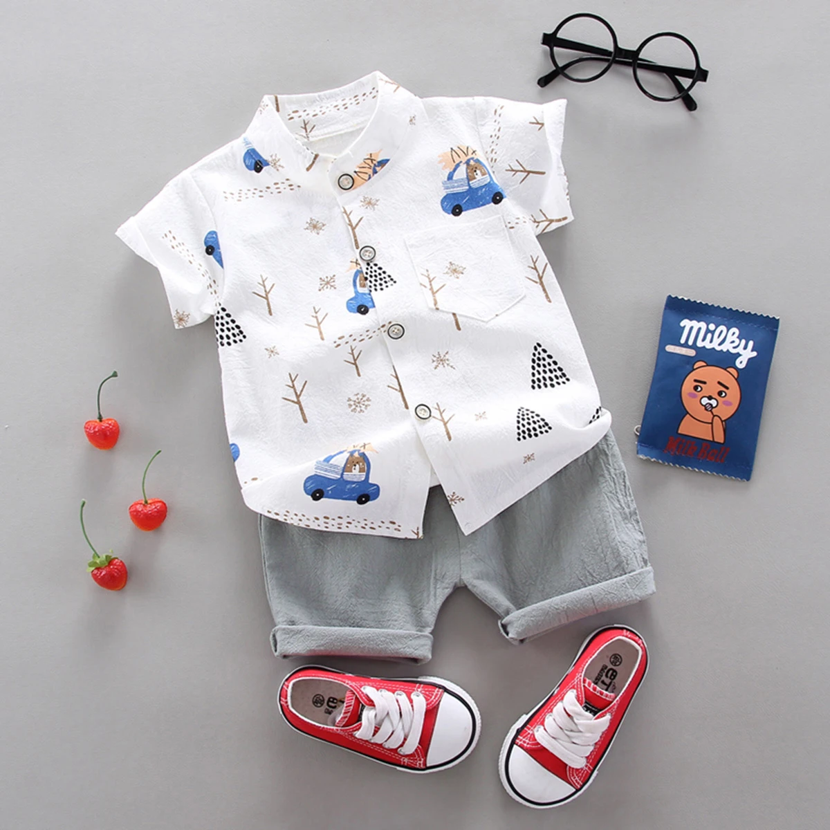 Children's Summer Full Print Teddy Bear Cartoon Shirt Short Sleeved Shorts Set