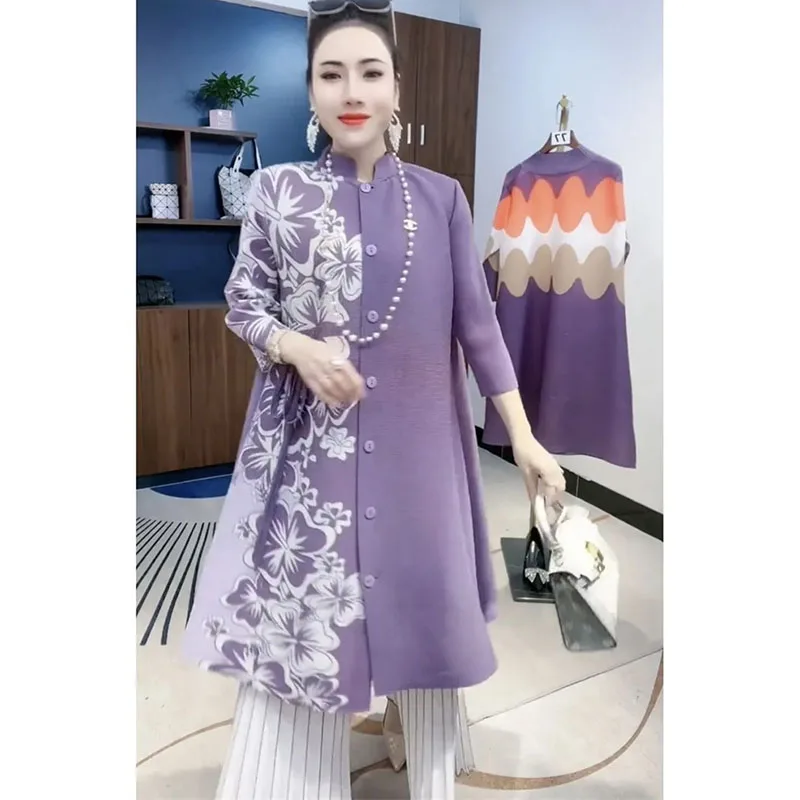 Korean Ladies Fashion Printed Jacket Autumn Women Long Sleeved Casual Windbreaker Coat Spring Female Stand Collar Miyake Outwear