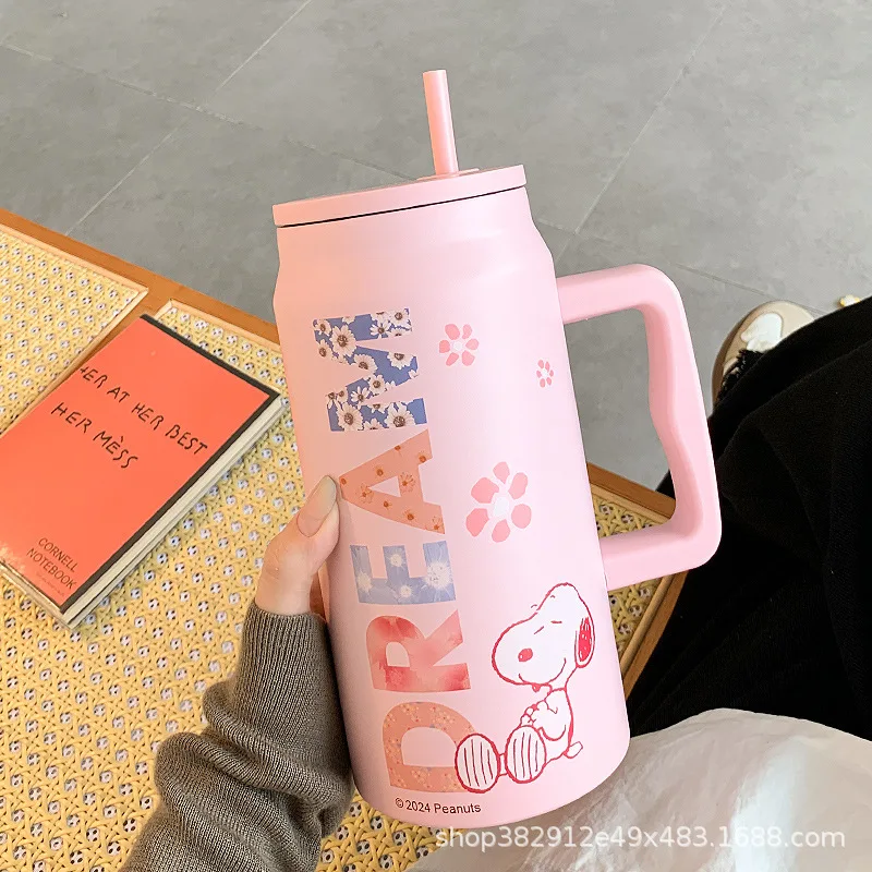 스누피 만화 보온 컵 대용량 빨대 보온 컵 주전자, 휴대용 304 스테인리스 스틸 물컵, 어린이 선물, 1500ml