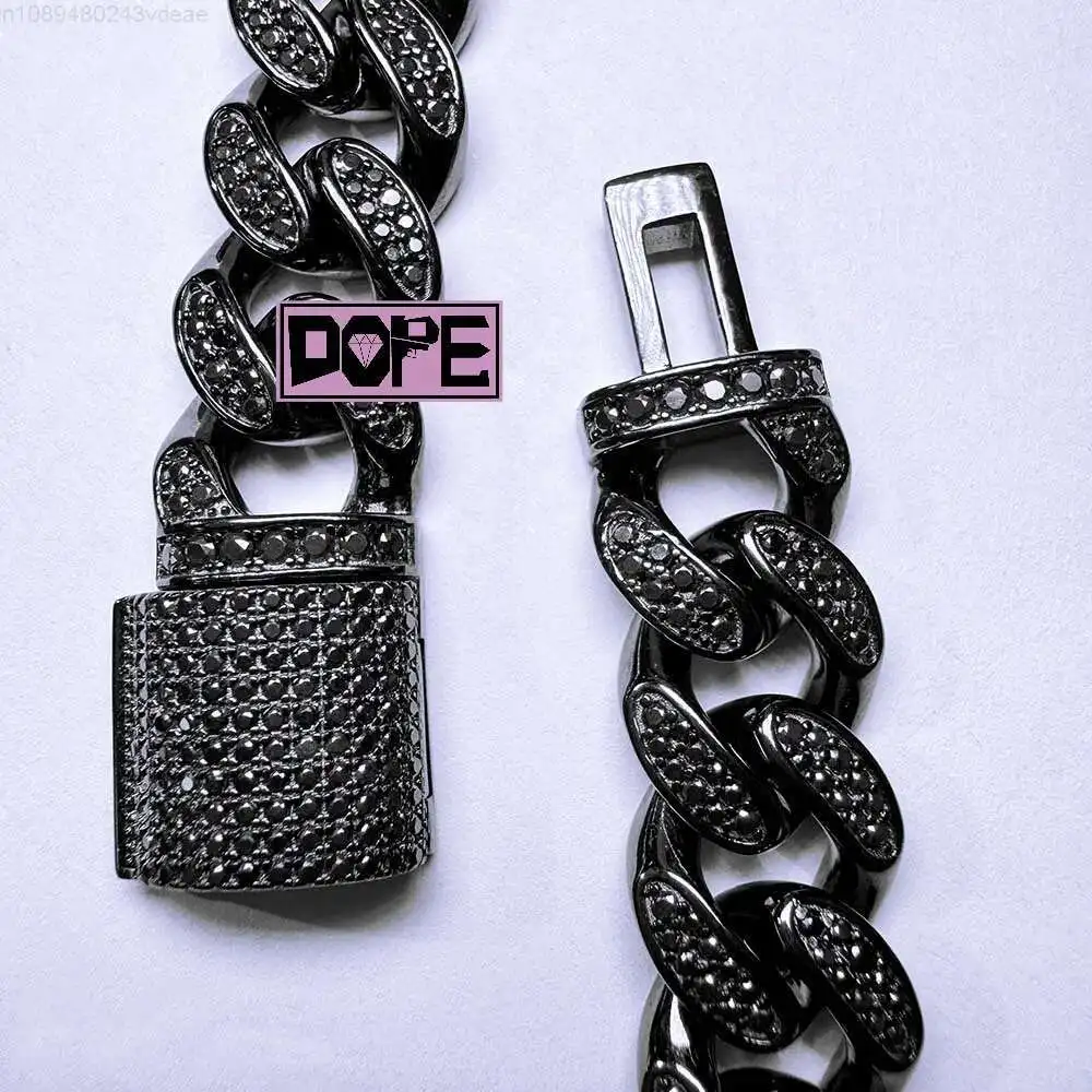 

Iced Out Black Moissanite Cuban Chain 925 Sterling Silver 10mm Hiphop Moissanite Cuban Link Chain