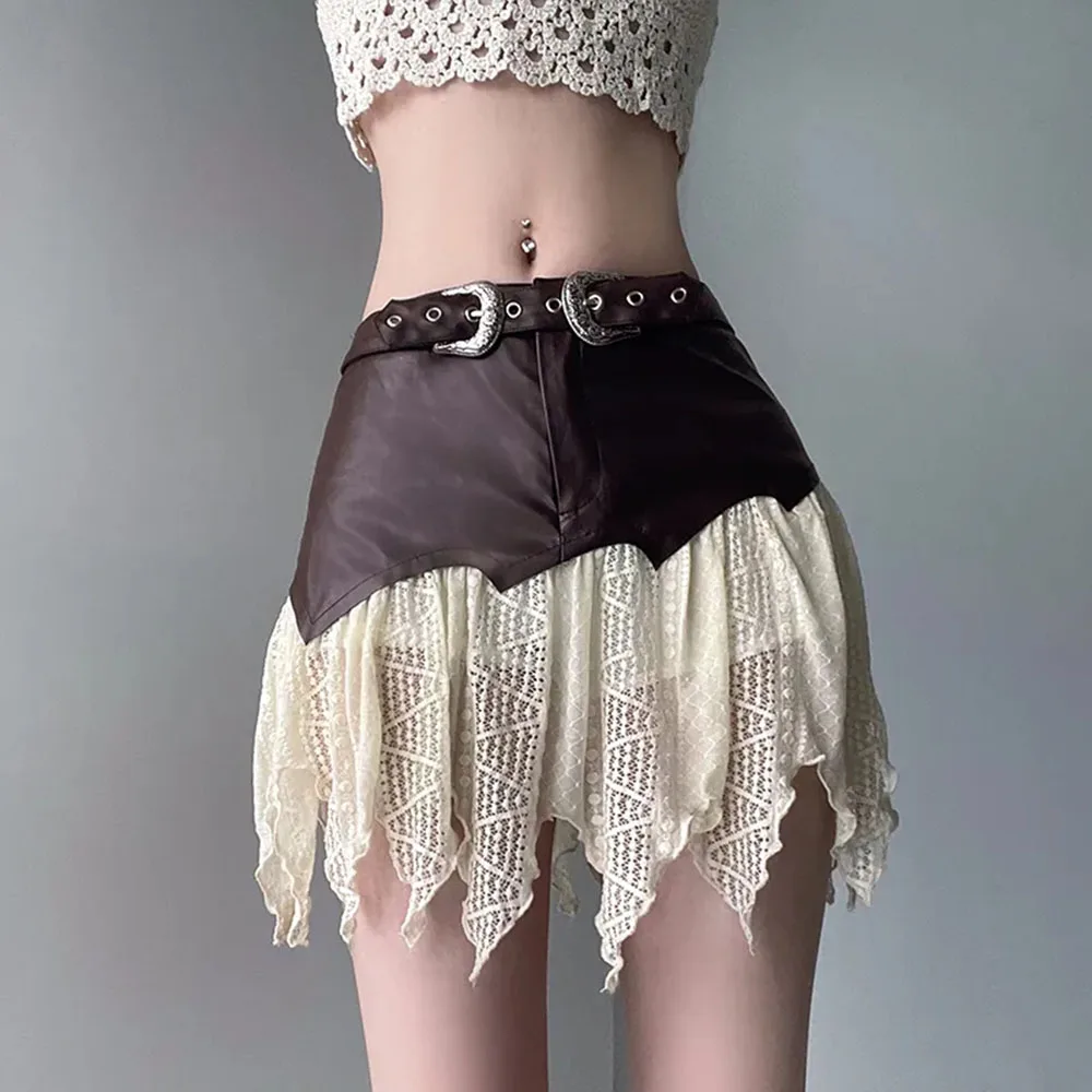 

Leather Splice Skirt For Women Fashion Metal Waist Buckle Mini Faldas Para Mujeres Summer Irregular Lace Patchwork Short Skirts