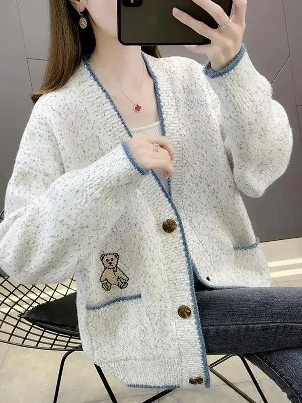 فضفاض V-Ne سترة مشغولة من الصوف المرأة ملابس خارجية لينة مريحة الخريف Sle عادية Faion سترة معطف المحملة خلات الألياف 00% #2