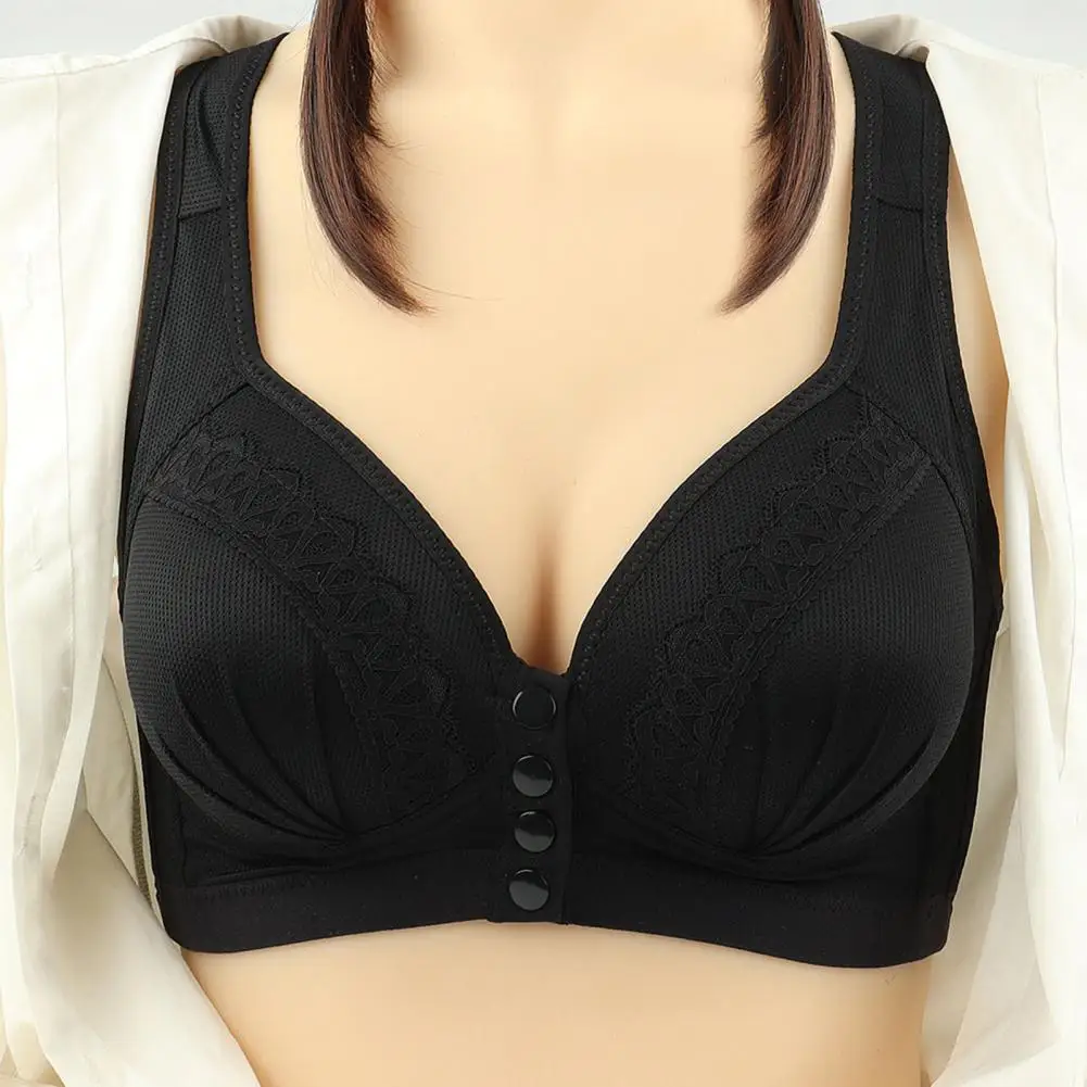 

Women Front Button Bra, Thin Underwear, Middle-Aged Women Lace Stitching Gathered Bra, Wide Straps, Wireless, 3/4 Cup Brassiere