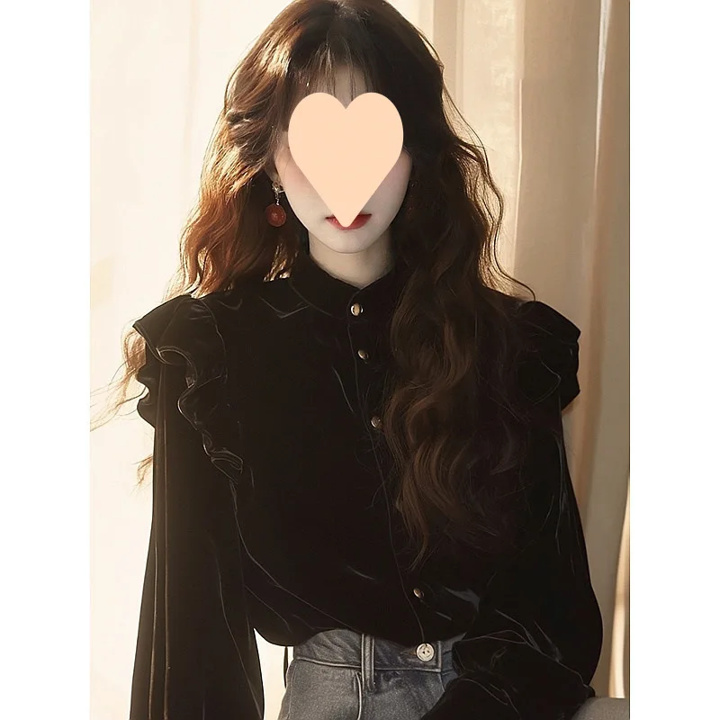 

Elegant Black Velvet Shirt French Hepburn Princess Style Long Sleeve A- Line Shirt Stand Collar Print Element Commute Fashion