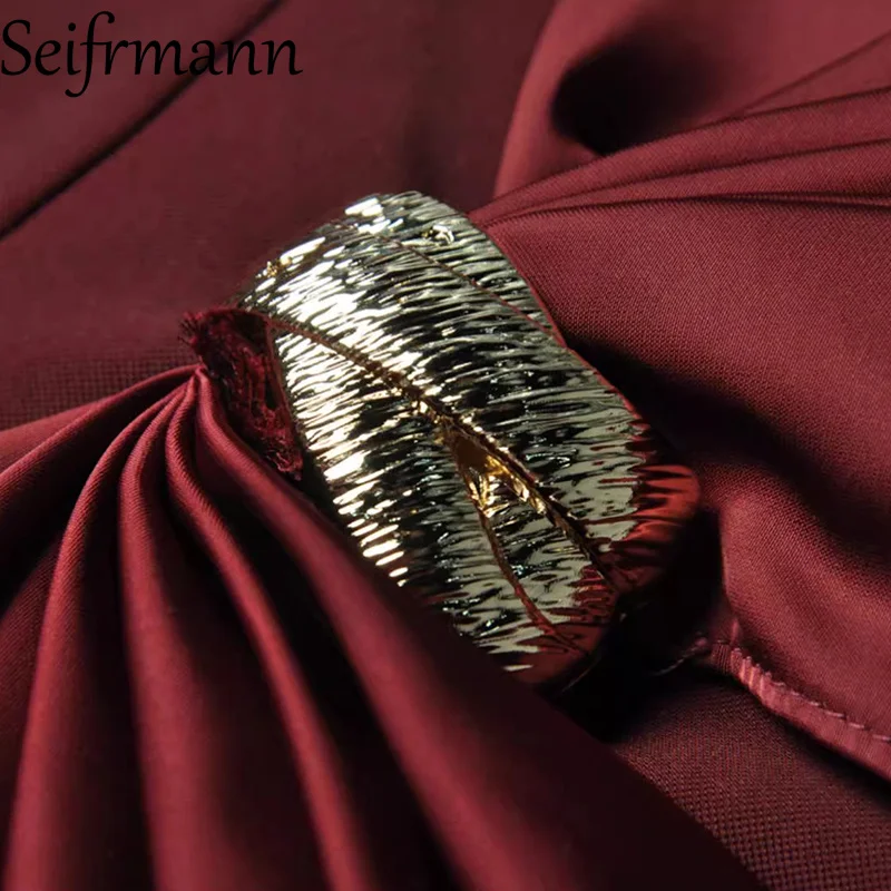 Seifrmann 2026 春の女性の新しいファッショナブルなラウンドネック長袖折り畳まれた気質ウエストバッグヒップドレス