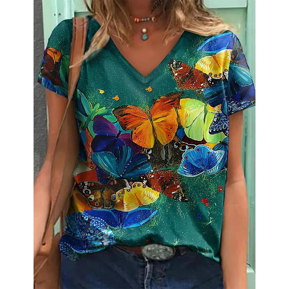 Women\'s T-shirts Fashion Tops V-neck Colorful Butterfly T Shirt Female Short Flowers Print Casual Tees Summer Oversized Clothes