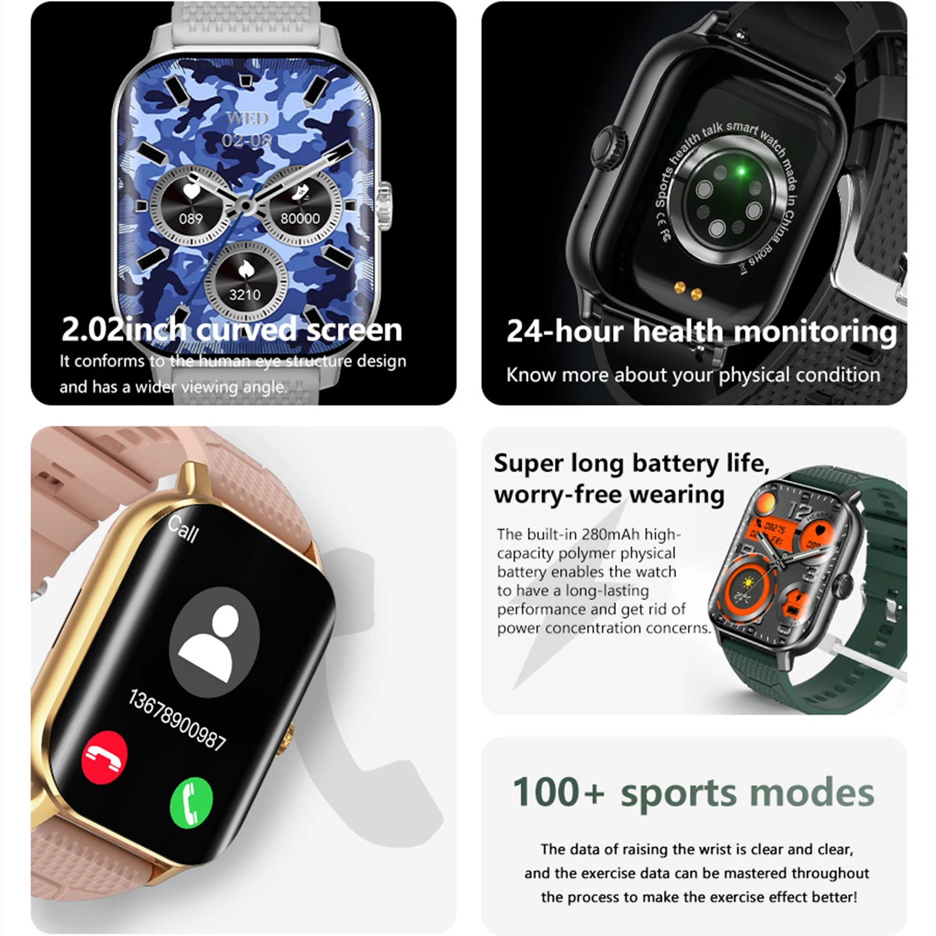 TJXL-GAOKE F12 Cheap Men Ultra Smart Medical Calling Watch Connect Curved Screen Woman Heart Rate Monitoring Smartwatch