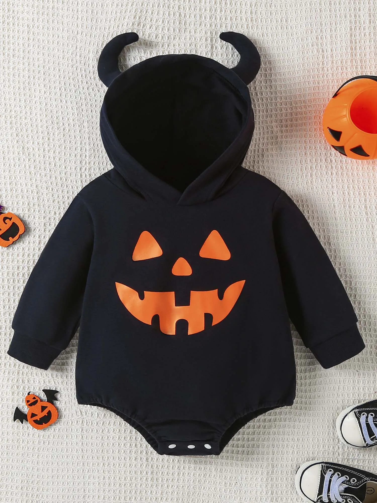 

Toddler Baby Girls Boys Halloween Clothes Pumpkin Romper Long Sleeve Jumpsuit Hood with Horns for Carnival Theme Party Role Play
