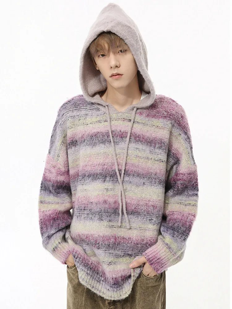 

SYUHGFA Korean Style Men's Sweaters Hoodie Striped Contrast Color Casual Hooded Knitting Pullover Male Tops New Autumn 2024