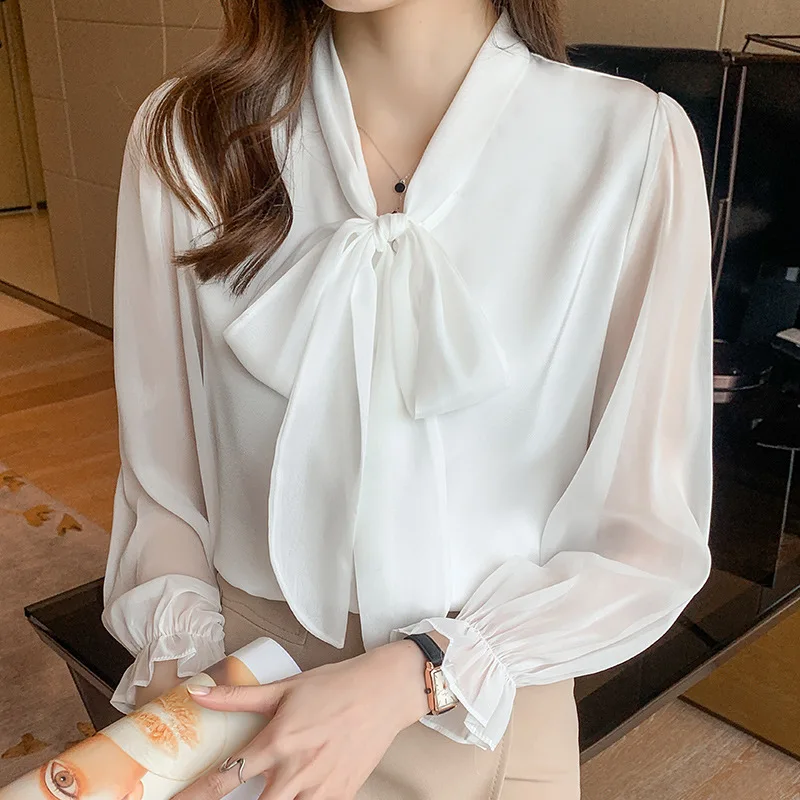 OL Commute Bow Scarf Collar Chiffon Shirt 2022 Women\'s Clothing Elegant Fashion Korean Solid Color Long Sleeve Blouse Female