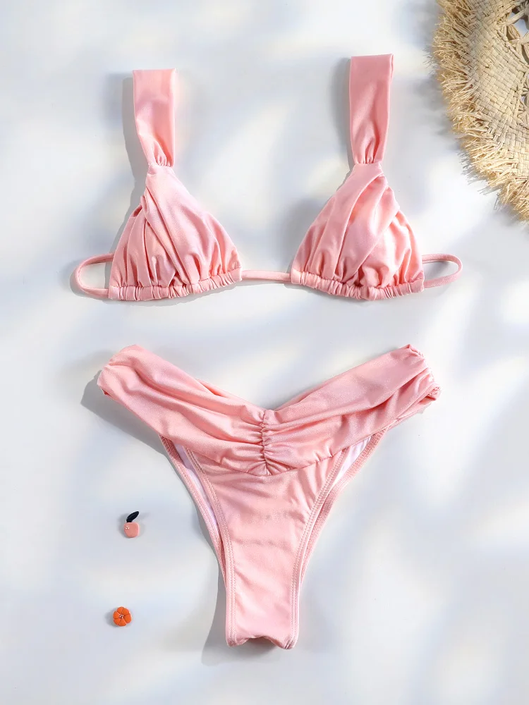 

Плиссированный бразильский комплект бикини со складками, сексуальные микро-бикини 2025, женский купальник, женский треугольный купальник, пляжная одежда, купальный костюм