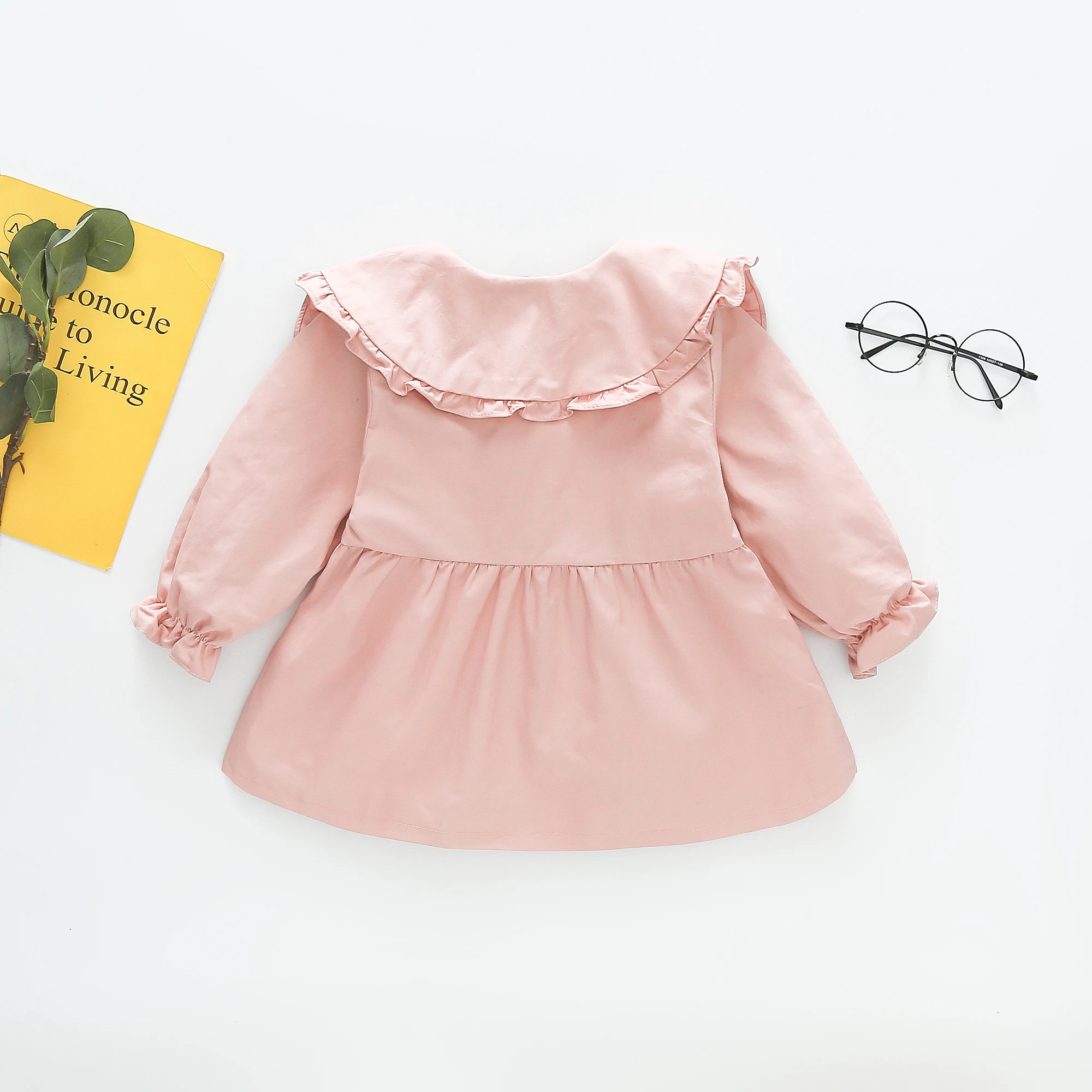 Spring Autumn Baby Girl Cotton Coat Korean Style Decorative Doll Collar Solid Color Long Sleeved Jacket for Girls Causal