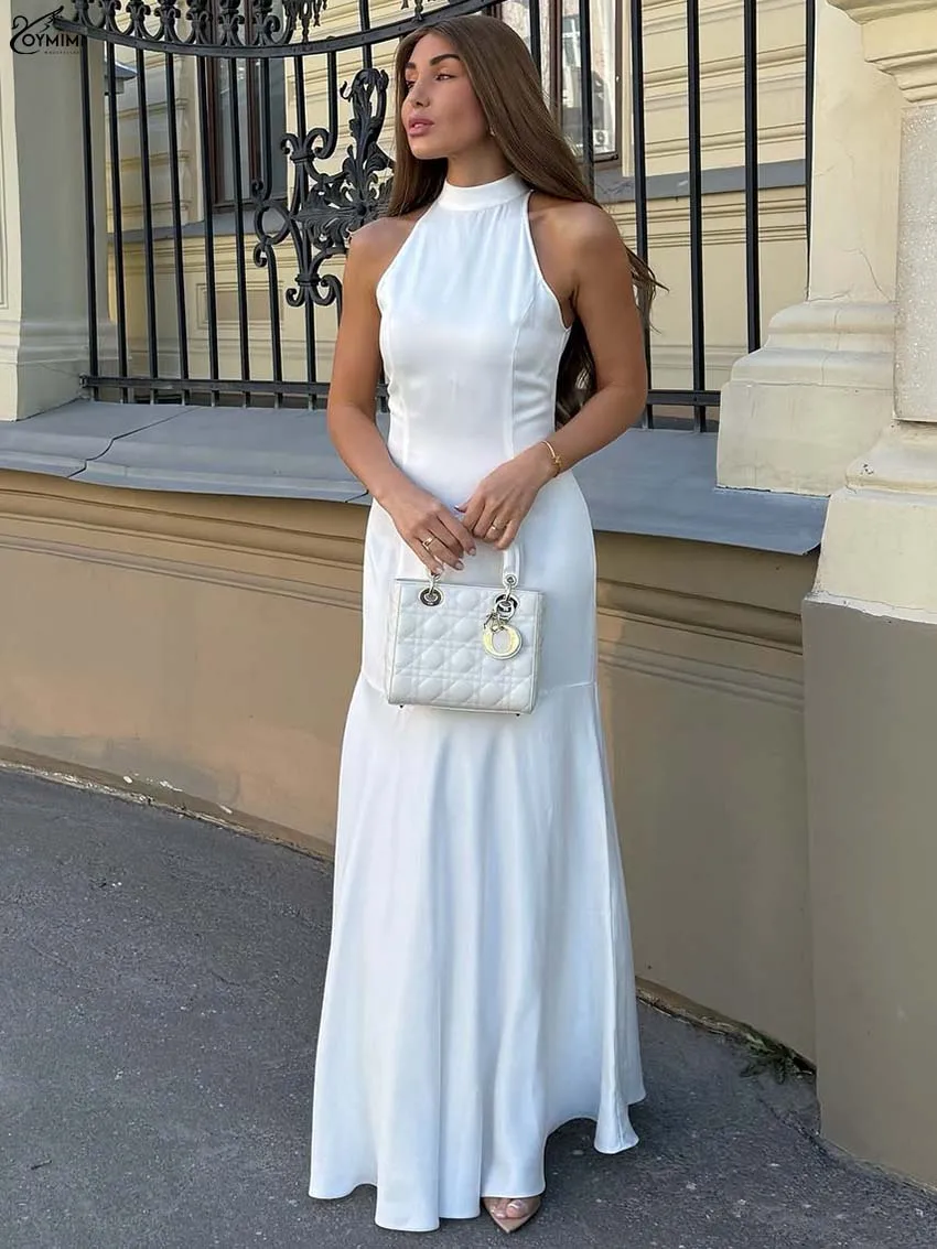 

Oymimi Autumn White O-Neck Dresses 2025 Woman Fashion Sleeveless Zipper Satin Dress Elegant Loose Floor-Length Dress Streetwear