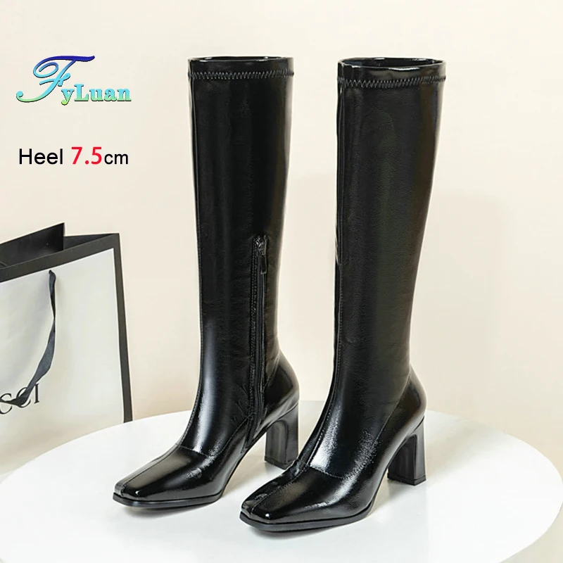 

Stretch Patent Leather Women Winter Boots 7.5CM Club Party Woman Square Toe High Boots Black White Red Chunky Heel Female Shoes