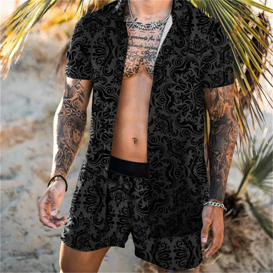 Men\'s shorts casual loose beach wear set short sleeve shirt sports cool and handsome elastic waist men\'s fashion suit