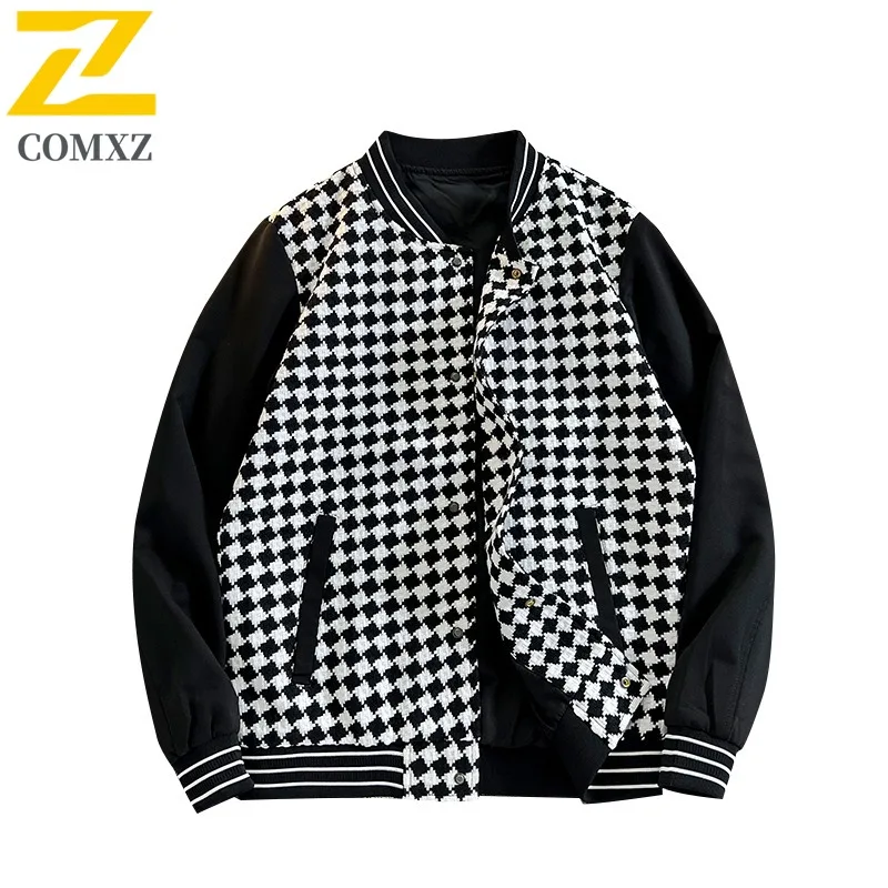 COMXZ Autumn Jacket Men Baseball Loose Black White Plaid Color Block Fashion All-Match Casual Korean Style outdoor sports Coat