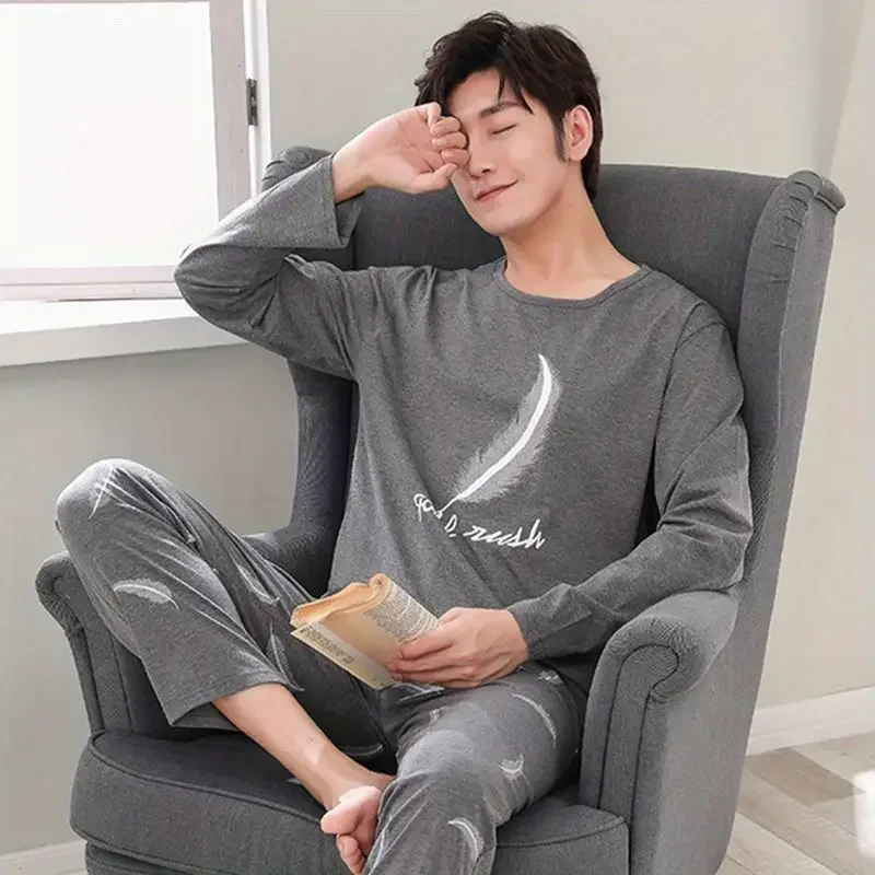 Sleepwear Men Long Sleeve Pajamas Sets Cotton Pajamas Spring Autumn Loungewear Korean Fashion Men's Clothing Big Size Loose