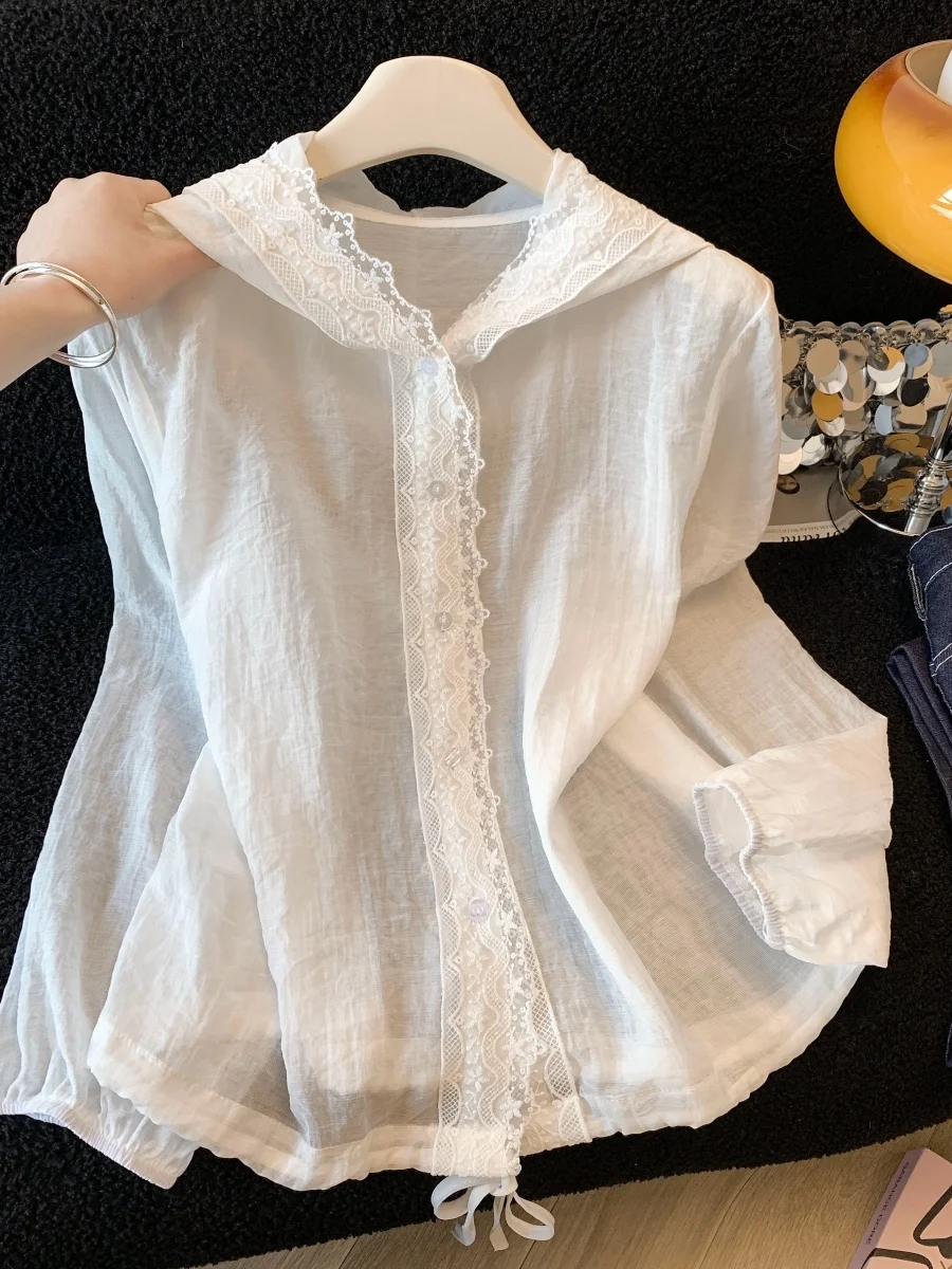 

Lace Patchwork Hooded Sun Protection irt Women Summer Lightweight Breathable Loose Slimming Small Outer Open Cardigan irt