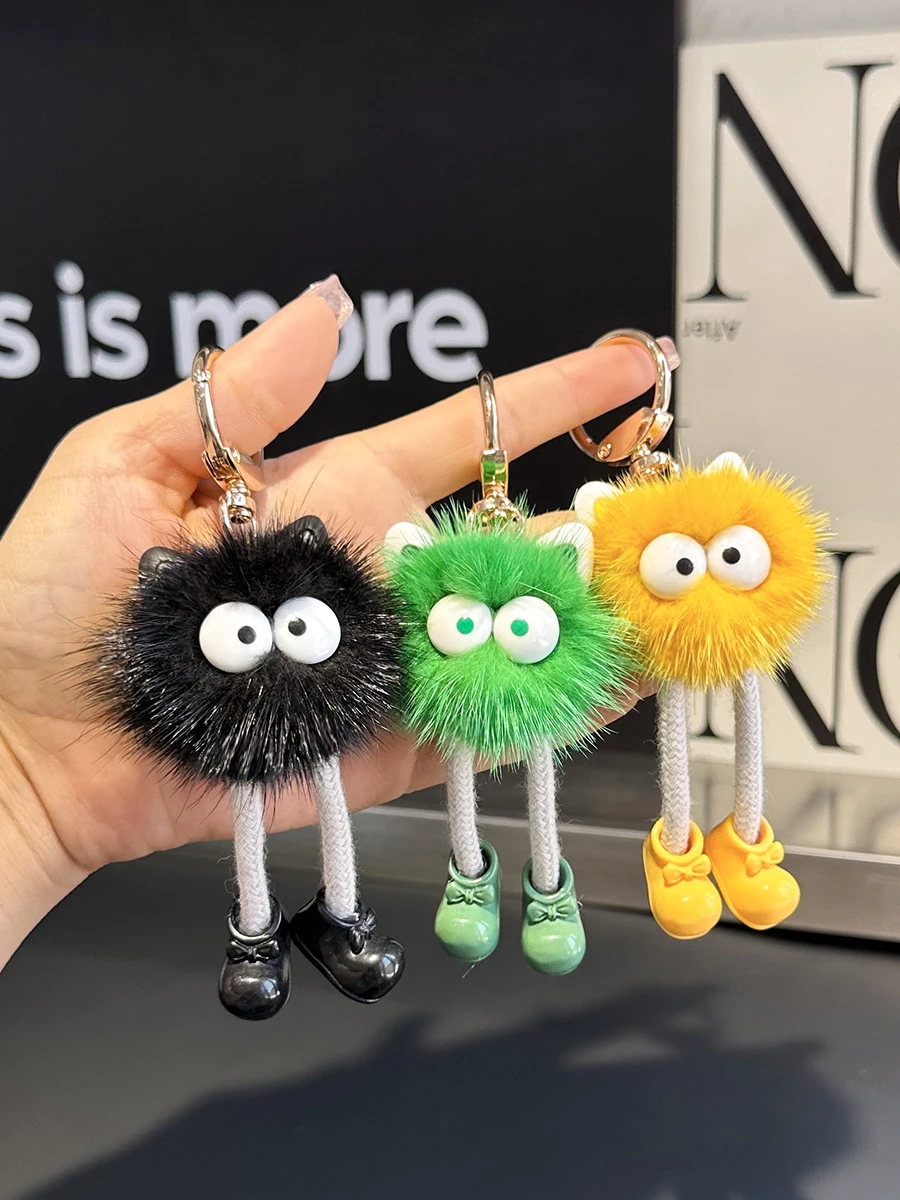 Natural Mink Fur Ball Doll Keychain Car KeyRing Pendant Plush School Bag Pendant Gift Bag Accessories Backpack Keychains