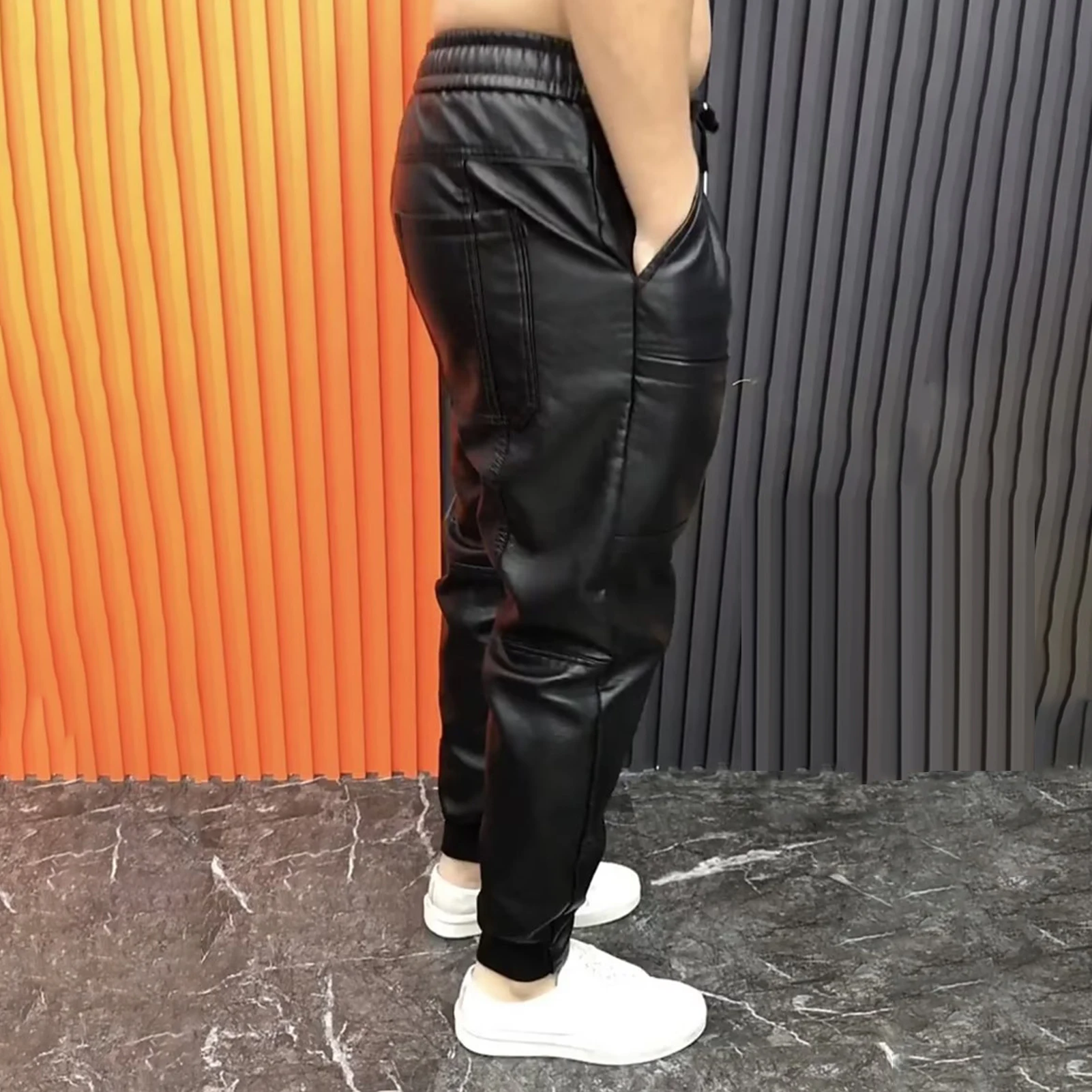 Autumn Winter Fleece-lined Thickened Warm Casual Pu Leather Trousers For Men Small Foot Thickened Long Pants