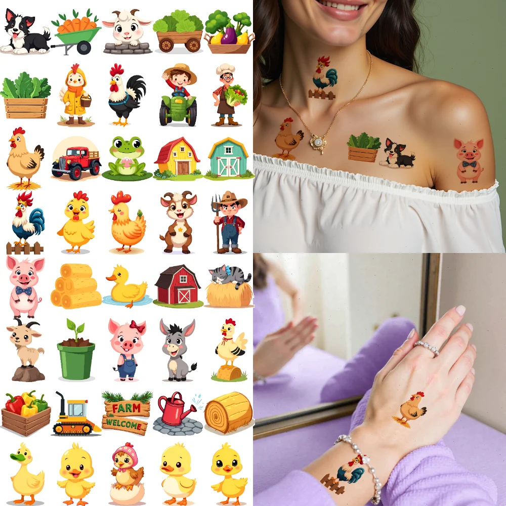 

63pcs Temporary Tattoo Farm Animals Cartoon Tractor Stickers Vegetable Cart Temporary Tattoo Stickers For