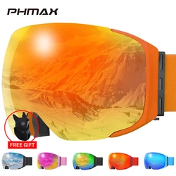 PHMAX Óculos de esqui magnéticos Proteção UV400 Óculos de snowboard ao ar livre Homens Mulheres Inverno Anti-nevoeiro Máscara de esqui Óculos