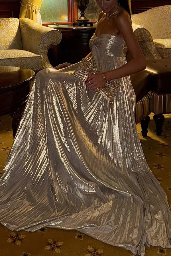 

Sexy Strapless Kink Elegant Party Dresses Woman Chic Solid High Waist Pleated Maxi Dress Summer Backless Hollow Split Long Dress