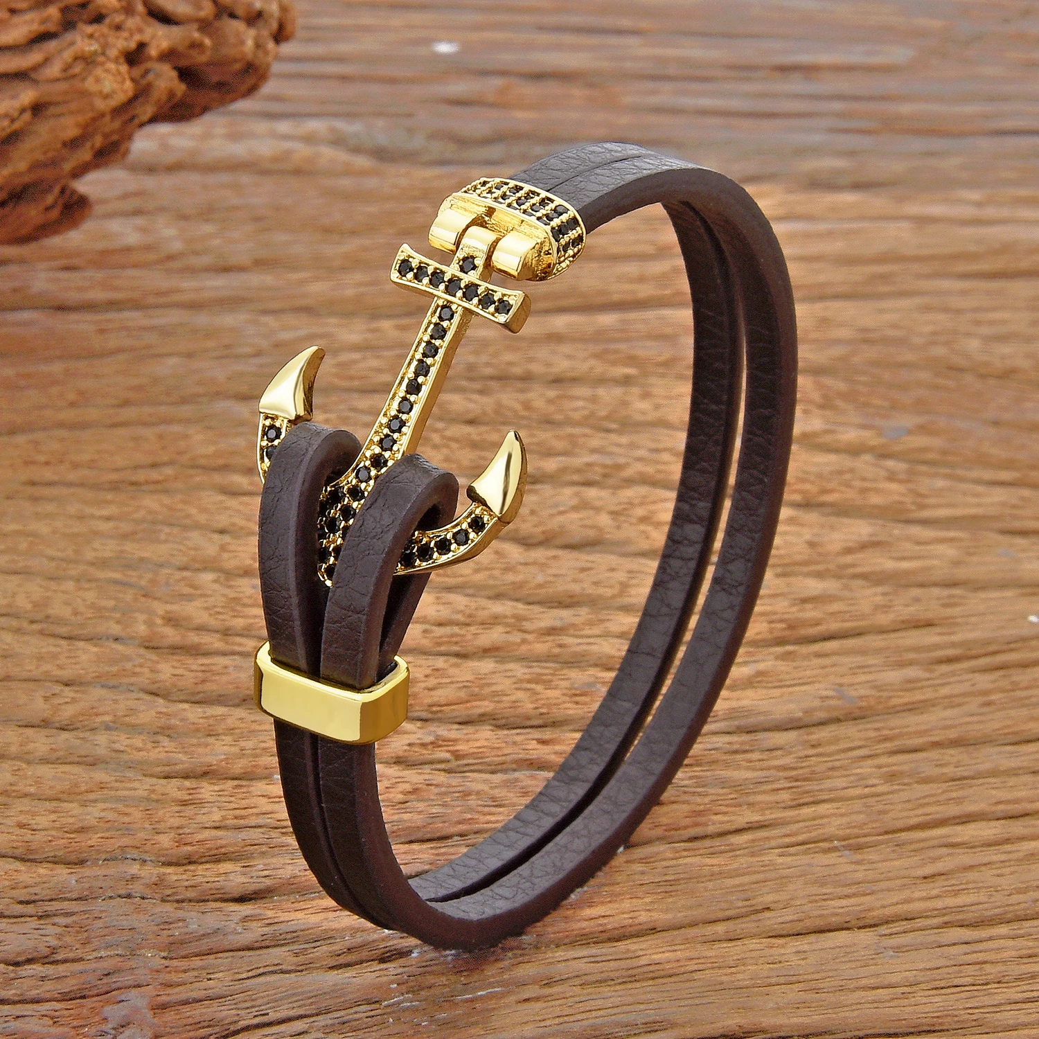 Trend Brass Micro-Inlaid Zircon Anchor Shape Men Bracelet Balck Brown Double Leather Bangles Classic Women Jewelry Sport Buckle