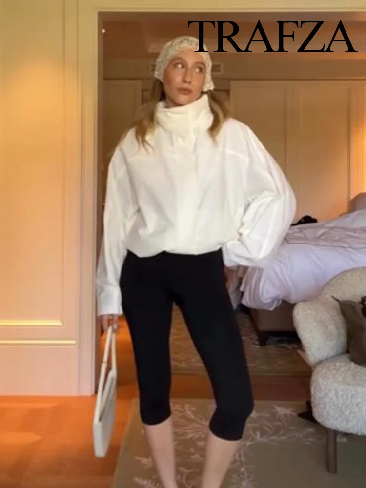 

TRAFZA Women Autumn Fashion Vintage White Pant Suit High Collar Single-Breasted Lapel Coats+High Street Casual Pleated Trousers